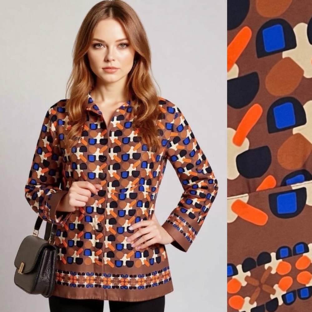 Zara Geometric Brown and Blue Retro Printed Band Collar Button Up Shirt Size L